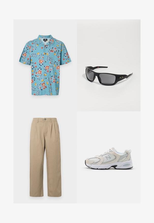 Svart och vit stickad tröja med abstrakta zigzag- och geometriska mönster, rundad halsringning, långa ärmar samt ribbade muddar och fåll.; Ljusblå skjorta med kort ärm och blommönster i rött, gult och mörkblått, med klassisk krage och knäppning.; Beige högmidjade byxor med veck, bältesöglor, knäppning och raka ben mot en vit bakgrund.; Idrottssko med en ljusgrå mesh-overdel och suede-accenter, vita snörning och en svart gummisula. Utmärkande ABZORB-dämpning.; Svarta solglasögon med rektangulär form, tillverkade av hållbar plast, med gråfärgade linser och en gulddetalj på sidan.