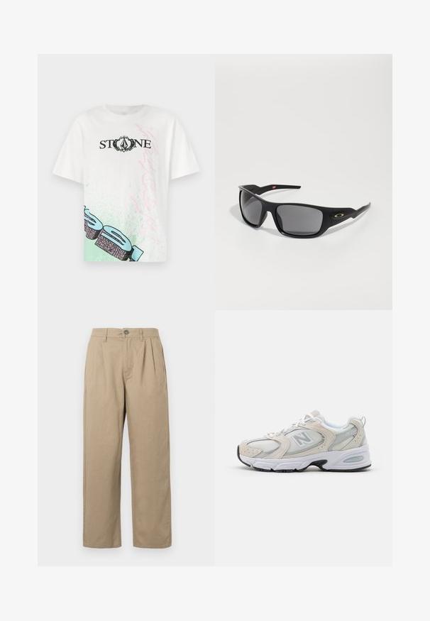 Black and white knitted sweater with abstract zigzag and geometric patterns, crew neck, long sleeves, and ribbed cuffs and hem.; White cotton t-shirt featuring "STONE" in black, with green and pink graphic accents on the front and a relaxed fit. Short sleeves.; Beige high-waist trousers with pleats, belt loops, button closure, and straight legs on a white background.; Athletic shoe featuring a light gray mesh upper with suede accents, white laces, and a black rubber sole. Notable ABZORB cushioning detail.; Black sunglasses with a rectangular shape, made of durable plastic, featuring gray tinted lenses and a gold accent on the side.