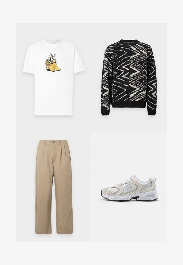 Suéter de punto en blanco y negro con patrones abstractos en zigzag y geométricos, cuello redondo, mangas largas y puños y dobladillo acanalados.; Camiseta de algodón blanca con una ilustración gráfica de una rampas de skate y un personaje vestido con traje, contorneado en detalles en negro y amarillo.; Pantalones de tiro alto beige con pliegues, presillas para el cinturón, cierre de botón y piernas rectas sobre un fondo blanco.; Zapatilla deportiva con parte superior de malla gris claro y acentos de ante, cordones blancos y suela de goma negra. Detalle notable de amortiguación ABZORB.