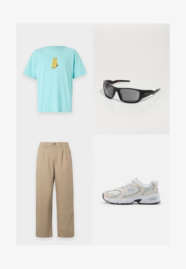 Svart och vit stickad tröja med abstrakta zigzag- och geometriska mönster, rundad halsringning, långa ärmar samt ribbade muddar och fåll.; Ljusblå bomulls t-shirt med en gul "Varning" skylt grafisk design framtill. Avslappnad passform med korta ärmar och rund halsringning.; Beige högmidjade byxor med veck, bältesöglor, knäppning och raka ben mot en vit bakgrund.; Idrottssko med en ljusgrå mesh-overdel och suede-accenter, vita snörning och en svart gummisula. Utmärkande ABZORB-dämpning.; Svarta solglasögon med rektangulär form, tillverkade av hållbar plast, med gråfärgade linser och en gulddetalj på sidan.