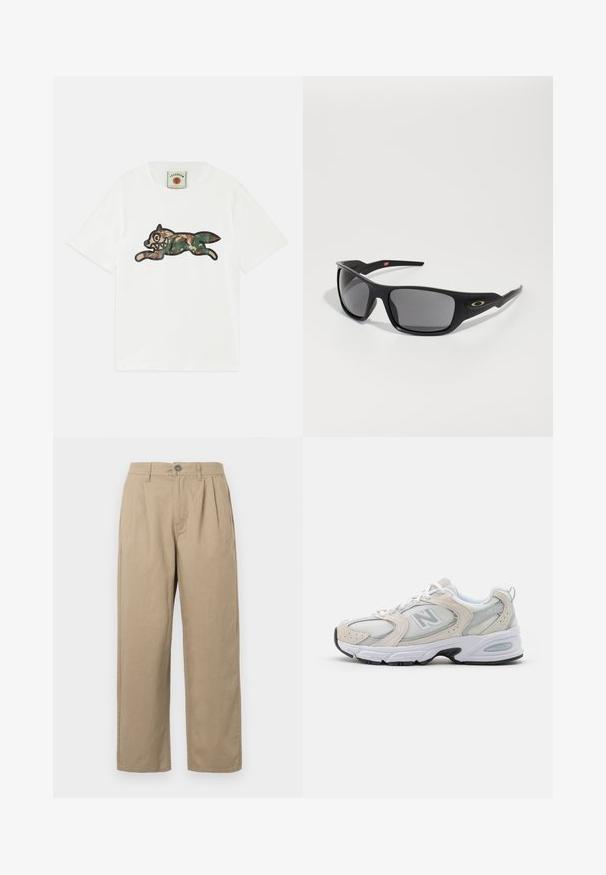 Melnā un baltā krāsā austs džemperis ar abstraktiem zīmogiem un ģeometriskām rakstām, ar apaļu kakla līniju, garām piedurknēm un ribotām piedurknēm un apakšmalu.; Balts kokvilnas T-krekls ar lielu, lecošu lapsu grafiku kamuflāžas krāsās, ko ieskauj melna kontūra. Īsas piedurknes un apaļš kakls.; Beige augstās jostas bikses ar krokām, jostu cilpām, pogu aizdari un taisnām kājām uz baltas fona.; Sporta apavi ar gaiši pelēku sietu augšējo daļu un zamša akcents, baltiem šņorēm un melnu gumijas zoli. Ievērojamas ABZORB amortizācijas detaļas.; Melni saulesbrilles ar taisnstūra formu, izgatavotas no izturīgas plastmasas, ar pelēkiem tonētiem objektīviem un zelta akcentu sānos.