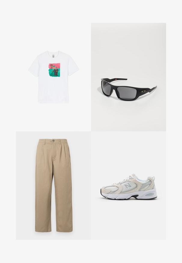 Pull en tricot noir et blanc avec des motifs abstraits en zigzag et géométriques, col rond, manches longues et poignets et ourlet côtelés.; T-shirt en coton blanc avec un dessin abstrait coloré représentant un soleil et une silhouette sur fond vert, encadré de rose. Manches courtes.; Pantalons beiges taille haute avec plis, passants de ceinture, fermeture à bouton et jambes droites sur un fond blanc.; Chaussure de sport avec un dessus en mesh gris clair et des accents en daim, des lacets blancs et une semelle en caoutchouc noire. Détail d'amorti ABZORB remarquable.; Lunettes de soleil noires de forme rectangulaire, fabriquées en plastique durable, avec des verres teintés gris et un accent doré sur le côté.