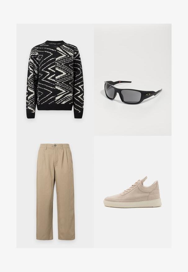 Black and white knitted sweater with abstract zigzag and geometric patterns, crew neck, long sleeves, and ribbed cuffs and hem.; Beige high-waist trousers with pleats, belt loops, button closure, and straight legs on a white background.; Beige suede sneaker with rounded toe, white sole, and flat laces. Features a pull tab at the heel and textured side panels.; Black sunglasses with a rectangular shape, made of durable plastic, featuring gray tinted lenses and a gold accent on the side.