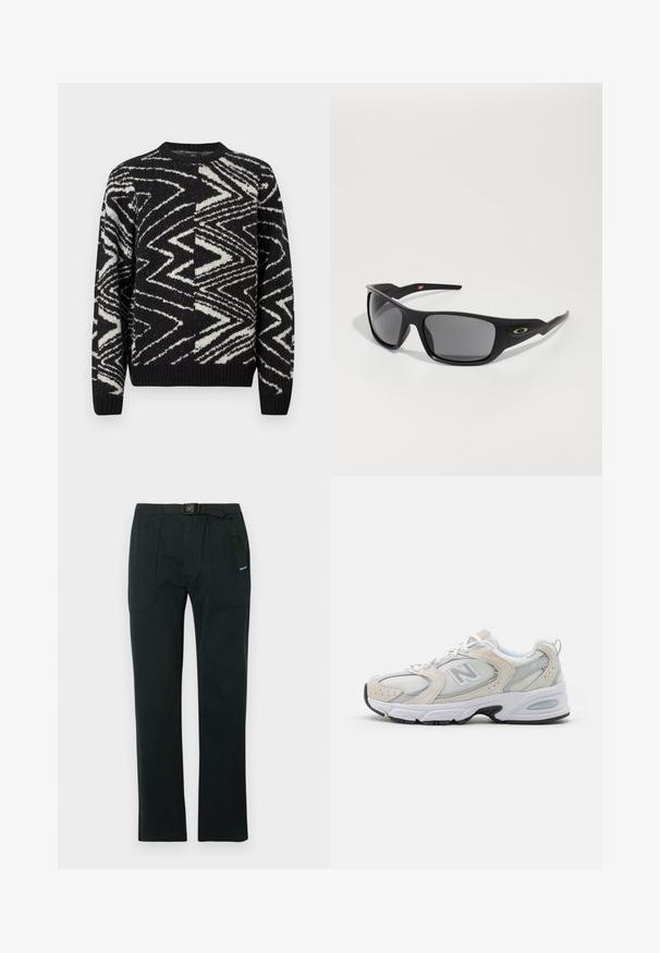 Czarno-biały sweter dzianinowy z abstrakcyjnymi wzorami zygzakowymi i geometrycznymi, okrągły dekolt, długie rękawy oraz ribbowe mankiety i dół.; Czarne spodnie wykonane z trwałego materiału, z prostą nogawką, regulowanym paskiem oraz dwiema przednimi kieszeniami z zaokrąglonymi szwami.; Buty sportowe z jasnoszarym meshem i zamszowymi akcentami, białymi sznurówkami i czarną gumową podeszwą. Zauważalny detal poduszek ABZORB.; Czarne okulary przeciwsłoneczne o prostokątnym kształcie, wykonane z trwałego plastiku, z szarymi przyciemnionymi soczewkami i złotym akcentem z boku.