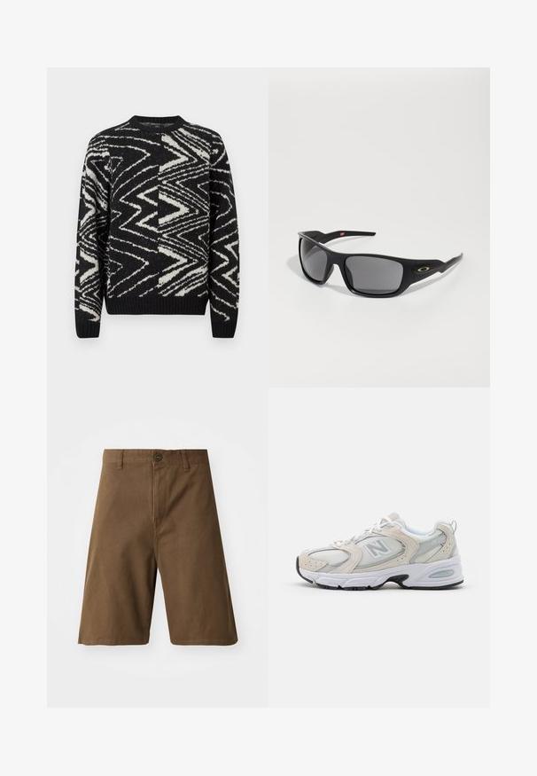 Zwart-wit gebreide trui met abstracte zigzag- en geometrische patronen, ronde hals, lange mouwen en geribde manchetten en zoom.; Bruine katoenen shorts met een rechte snit, voorzien van een voorste knoopsluiting, riemlussen en zijzakken. Gladde textuur en nette naden.; Atletiekschoen met een lichtgrijs mesh bovenwerk en suede accenten, witte veters en een zwarte rubberen zool. Opvallend ABZORB dempingdetail.; Zwarte zonnebril met een rechthoekige vorm, gemaakt van duurzaam plastic, met grijzige getinte glazen en een gouden accent aan de zijkant.