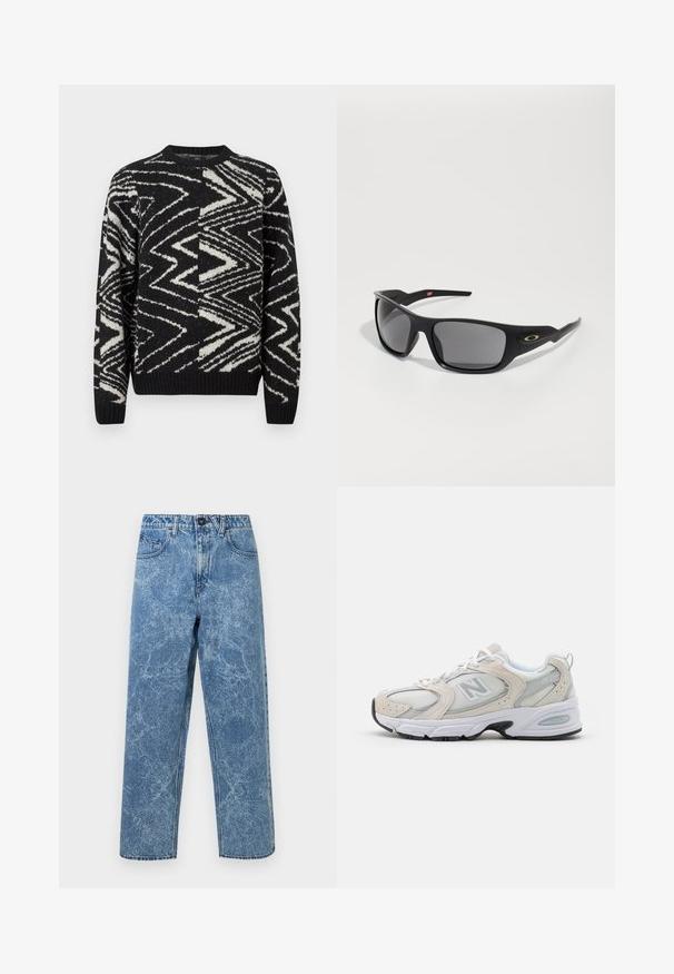 Sort og hvid strikket sweater med abstrakte zigzag- og geometriske mønstre, rund hals, lange ærmer samt ribbede manchetter og kant.; Blå acid-wash denim jeans med lige ben, frontknap, bæltestropper og fem lommestil.; Sportssko med en lys grå mesh-overdel og ruskindsdetaljer, hvide snørebånd og en sort gummisål. Bemærkelsesværdig ABZORB dæmpning.; Sorte solbriller med rektangulær form, lavet af holdbart plastik, med gråtonede linser og en guldfarvet detalje på siden.