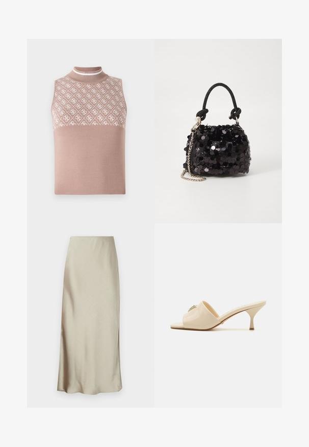 Mouwloze gebreide top in lichtbeige met een gestructureerd, patroon bovenstuk en een aansluitende hoge hals. Beschikt over een glad, effen ondergedeelte.; Een lange, lichtbeige rok van soepel stof heeft een subtiele glans en een flared zoom, wat zorgt voor een strakke, minimalistische uitstraling.; Beige patent leather open-toe mule sandaal met een lage stilettohak. Kenmerken een centrale decoratieve accent op de bovenkant. Glad, glanzend afwerking.; Zwarte pailletten mini handtas met een geknoopte textuurriem en zilveren ketting. Rondvormig met een geplooide bovenkant en reflecterende details.