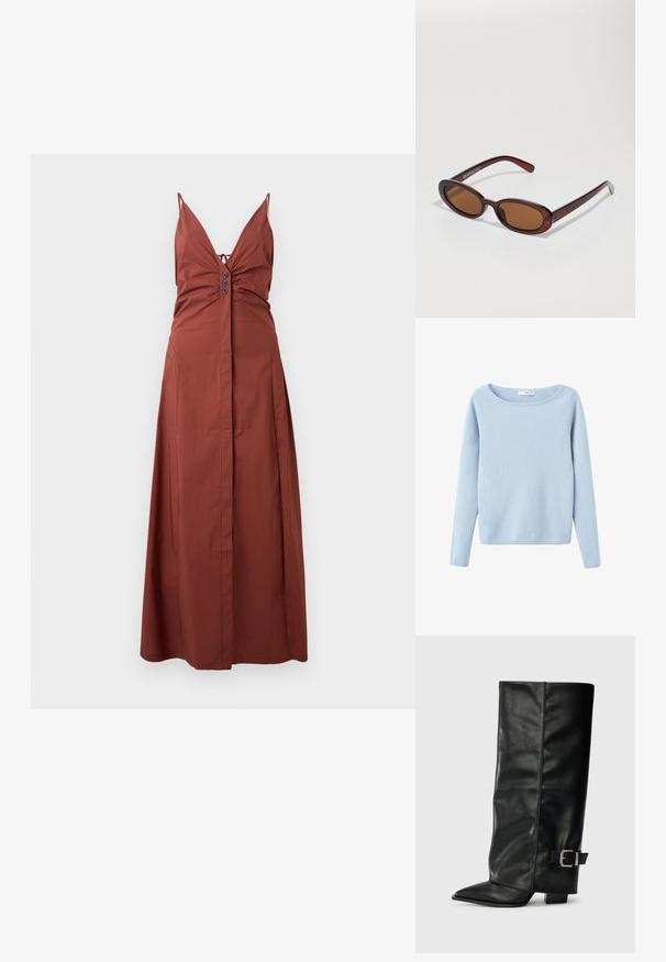 Svetlo modra dolg rokav pulover iz pletenine s širokim okroglim ovratnikom, preprost stil ter rebrastimi manšetami in robom.; Rjavkasto oranžna maxi obleka z globokim V-izrezom, nastavljivimi spaghetti naramnicami, nabranim bustom in gumbi na sprednji strani. Gladek material.; Črne usnjene gležnjarje do gležnjev z ostrim nosom, gladko teksturo in srebrnim sponko akcentom na strani. Debel kvadratni peti.; Okrogle, rjavo obarvane sončne naočare z sijočim burgundskim okvirjem. Tanek nosilec s subtilnim logotipom. Oblika leč je ravna.; Casiojeva kvartsna ura s pravokotno srebrno številčnico, z zlatimi poudarki in dvobarvnim kovinskim pasom v srebrni in zlatem. Ima vodoodporno funkcijo.