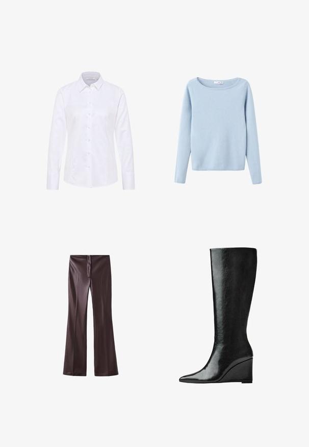 Light blue long-sleeve knit sweater with a wide round neckline, simple style, and ribbed cuffs and hem.; White long-sleeve shirt made of smooth fabric, featuring a classic collar, front button closure, and a tailored fit.; Brown flared pants made from a smooth fabric with a sleek finish. Features a front zipper and a clean waistband.; Knee-high black leather boots with a sleek, pointed toe and a wedge heel. The surface is smooth with a glossy finish.