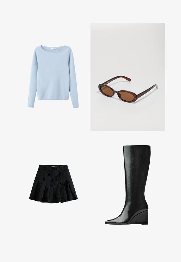 Lichtblauw, lange mouwen, gebreide trui met een brede ronde halslijn, eenvoudig stijl, en ribgebreide manchetten en onderrand.; Zwarte plooienrok met een bloemenpatroon, gemaakt van een gestructureerde stof. Voorzien van een tailleband en een verborgen ritsluiting.; Kniehoge zwarte leren laarzen met een slanke, puntige neus en een wiggle heel. Het oppervlak is glad met een glanzende afwerking.; Ronde, bruin getinte zonnebril met een glanzend bordeauxrood frame. Slanke pootjes met subtiele merkdetails. Vlakke lensontwerp.