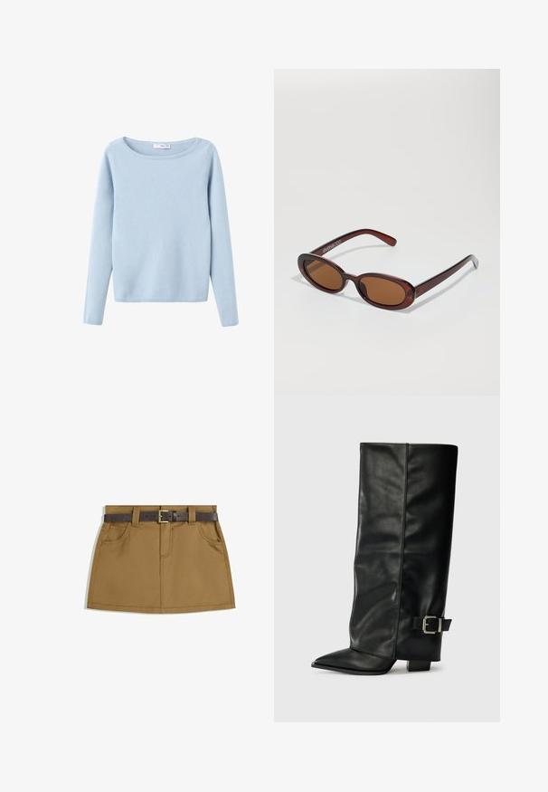 Pull en maille bleu clair à manches longues avec un large col rond, style simple, et côtes aux poignets et à l'ourlet.; Jupe en denim marron dotée d'une ceinture en marron foncé avec une boucle en métal, deux poches avant et une coupe droite légèrement évasée.; Bottes noires en cuir longueur cheville avec un bout pointu, texture lisse et une accent en boucle argentée sur le côté. Talon carré épais.; Lunettes de soleil rondes teinte brun avec une monture bordeaux brillante. Branches fines avec un détail de marque subtil. Design de verres plats.