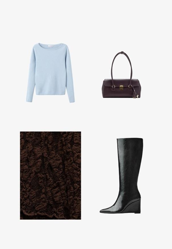 Lichtblauw, lange mouwen, gebreide trui met een brede ronde halslijn, eenvoudig stijl, en ribgebreide manchetten en onderrand.; Gestructureerde bruine stof met een gekreukeld patroon, voorzien van een zachte, pluizige textuur en variërende diepte, geschikt voor kleding of huishoudtextiel.; Kniehoge zwarte leren laarzen met een slanke, puntige neus en een wiggle heel. Het oppervlak is glad met een glanzende afwerking.; Bordeaux lederen handtas met een gestructureerd ontwerp, korte handvatten, een gouden rechthoekige sluiting en een afneembare kwastaccent.