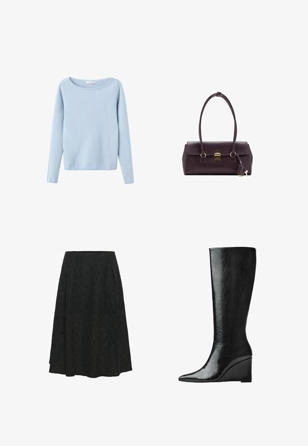 Světle modrý pletený svetr s dlouhým rukávem a širokým kulatým výstřihem, jednoduchý styl a žebrované manžety a lem.; Černá sukně vyrobená z texturované tkaniny, která má jemný geometrický vzor, s rozšířeným střihem a sklady pro větší objem.; Černé kožené boty do půlky lýtek s úzkou, špičatou špičkou a klínovým podpatkem. Povrch je hladký s lesklým finišem.; Burgundská kožená kabelka se strukturovaným designem, krátkými uchy, zlatým obdélníkovým západkovým uzávěrem a odnímatelným střapcem jako akcentem.