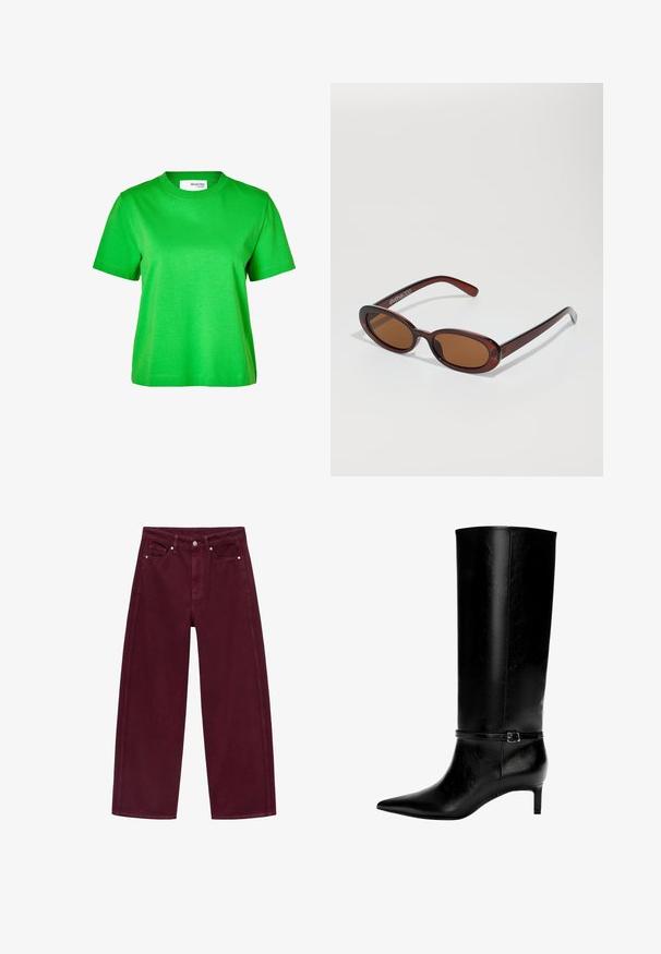 Maglione a maniche lunghe di colore blu chiaro, con scollatura rotonda ampia, stile semplice e polsini e orlo a costine.; Selected Femme SLFESSENTIAL BOXY TEE - T-shirt basic - classic green; Jeans a gamba larga color bordeaux realizzati in denim di cotone, caratterizzati da un design a quattro tasche e chiusura con bottone in metallo con cuciture coordinate.; Stivale in pelle nera alto fino al ginocchio con punta appuntita e tacco basso. Presenta una cinghia sottile con una fibbia metallica attorno alla caviglia. Texture liscia.; Occhiali da sole rotondi con tonalità marrone, montatura lucida color bordeaux. Aste sottili con un sottile dettaglio del marchio. Design delle lenti piatte.; Orologio al quarzo Casio con quadrante rettangolare argento, dettagli dorati e bracciale in metallo bicolore argento e oro. Caratteristica di resistenza all'acqua.