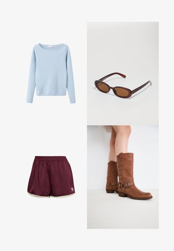 Hellblaues langärmliges Strickoberteil mit weitem Rundhalsausschnitt, schlichtem Stil und gerippten Bündchen und Saum.; adidas Originals SPRINTER - Shorts - maroon cream white; Braune Leder-Stiefeletten mit leicht spitz zulaufender Zehenpartie, dekorativen Schnallen und einem niedrigen gestapelten Absatz. Glatte Textur mit matter Oberfläche.; Runde, braun getönte Sonnenbrillen mit einem glänzenden burgunderfarbenen Rahmen. Schlanke Bügel mit dezentem Branding. Flaches Linsendesign.; Gelbe, gefaltete Handtasche aus glattem Kunstleder mit weicher Form, einzigem Schulterriemen und gerafftem Oberteil.; Casio Quarz-Uhr mit einem rechteckigen silbernen Zifferblatt, goldenen Akzenten und einem zweifarbigen Metallarmband in Silber und Gold. Wasserdicht.