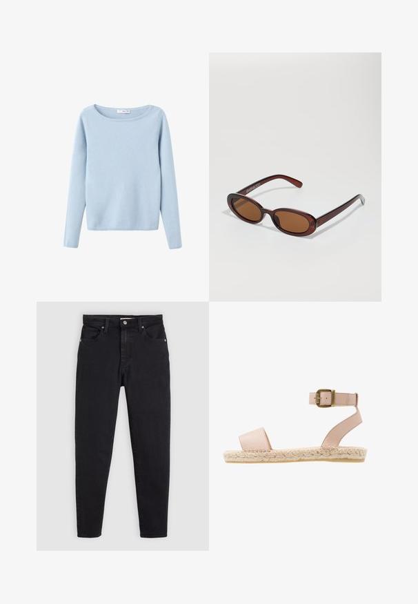 Hellblaues langärmliges Strickoberteil mit weitem Rundhalsausschnitt, schlichtem Stil und gerippten Bündchen und Saum.; Schwarze Slim-Fit-Jeans mit Knopf- und Reißverschluss, Fünf-Taschen-Design und Gürtelschlaufen auf einem hellgrauen Hintergrund.; Leder-espadrille-sandale in Hellrosa, mit einem breiten Riemen, Knöchelverschluss und geflochtener Jutsohle. Flacher Fußbett mit minimalem Profil.; Runde, braun getönte Sonnenbrillen mit einem glänzenden burgunderfarbenen Rahmen. Schlanke Bügel mit dezentem Branding. Flaches Linsendesign.; Gelbe, gefaltete Handtasche aus glattem Kunstleder mit weicher Form, einzigem Schulterriemen und gerafftem Oberteil.; Casio Quarz-Uhr mit einem rechteckigen silbernen Zifferblatt, goldenen Akzenten und einem zweifarbigen Metallarmband in Silber und Gold. Wasserdicht.