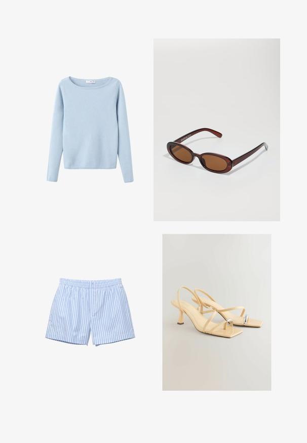 Ljusblå långärmad stickad tröja med vid rund halsringning, enkel stil och ribbade ärmslut och nederkant.; Ljusblå randiga boxershorts gjorda av mjuk bomull. Har en elastisk midjeresår, knappstängning och en avslappnad passform. Diskret logotyp på sidan.; Beiga klacksandaler med fyrkantig tå, tunna remmar och en metallisk detalj på tån. Hög klack med blockdesign för stabilitet.; Runda, bruntonade solglasögon med en glansig bordeauxfärgad ram. Smala bågar med subtilt varumärkesdetalj. Platt linsdesign.; Casio kvartsur med en rektangulär silver urtavla, guldaccenter och ett tvåfärgat metallarmband i silver och guld. Vattenskyddande egenskap.