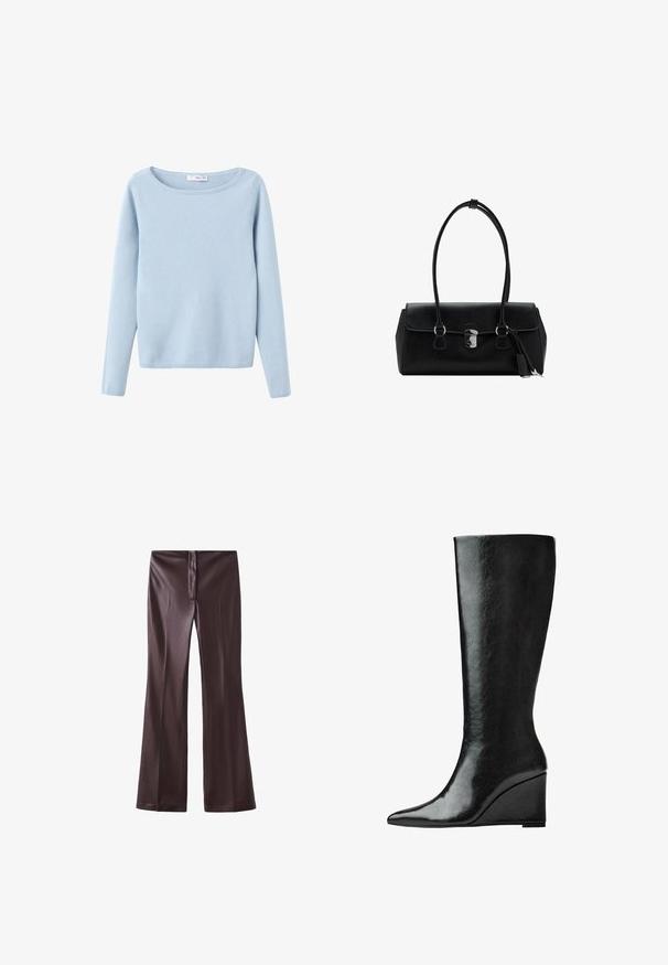 Light blue long-sleeve knit sweater with a wide round neckline, simple style, and ribbed cuffs and hem.; Brown flared pants made from a smooth fabric with a sleek finish. Features a front zipper and a clean waistband.; Knee-high black leather boots with a sleek, pointed toe and a wedge heel. The surface is smooth with a glossy finish.; Black leather handbag with a smooth texture, structured design, dual handles, and a silver clasp detail at the center.