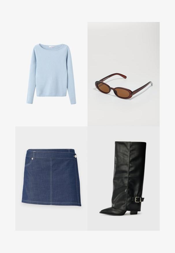 Pull en maille bleu clair à manches longues avec un large col rond, style simple, et côtes aux poignets et à l'ourlet.; Jupe mini en denim bleu foncé avec des coutures blanches, présentant une seule poche avant et une fermeture à bouton métallique à la taille.; Bottes noires en cuir longueur cheville avec un bout pointu, texture lisse et une accent en boucle argentée sur le côté. Talon carré épais.; Lunettes de soleil rondes teinte brun avec une monture bordeaux brillante. Branches fines avec un détail de marque subtil. Design de verres plats.
