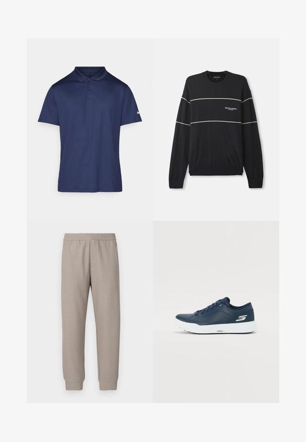 Tumed sviiter pika varrukaga, valgete horisontaalsete triipudega ja logo vasakul rinna kohal. Varrukate ja alumise ääre soonikkoes.; Tumedast sinise värviga polo särk siledast kangast, millel on krae, kolme nupuga nööbid ja väike valge logo vasakul varrukal.; Beežikad kitsenevad dressipüksid, valmistatud pehmest kangast, millel on elastne vöökoht ja peen tekstuurimuster kogu pinnal. Disainitud mugavuse ja mitmekülgsuse tagamiseks.; Tumesinine tennis jalanõud sujuva sünteetilise pealispinnaga, pehme kaelaosa ja valge tallaga. Küljel on logo ja kindla istuvuse tagamiseks lame pael.