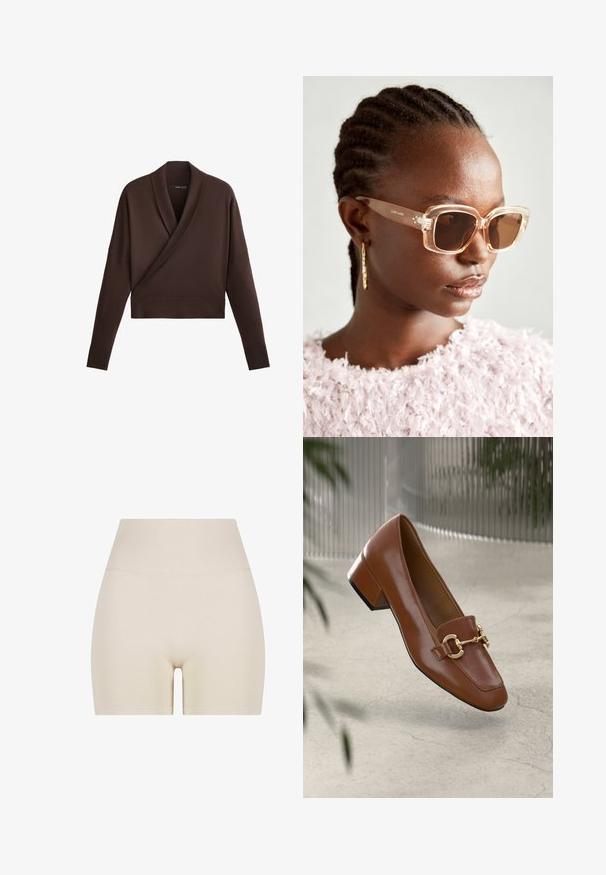 Bruine cropped trui met een wikkeldesign, brede mouwen en een zachte, gestructureerde afwerking. Heeft een diepe V-hals en een geribbelde zoom.; Beige shorts met een gladde textuur, hoge ribbels op de tailleband en een elastische pasvorm, met een lengte tot halverwege de dij en zonder duidelijke patronen.; Bruine lakleren loafer met vierkante neus, metallic kettingaccent en lage blokhak; gladde textuur, minimalistisch ontwerp.; Beige oversized zonnebril met een doorzichtig montuur en bruine getinte glazen, met subtiele bloemaccenten en een gedurfde, geometrische ontwerp.