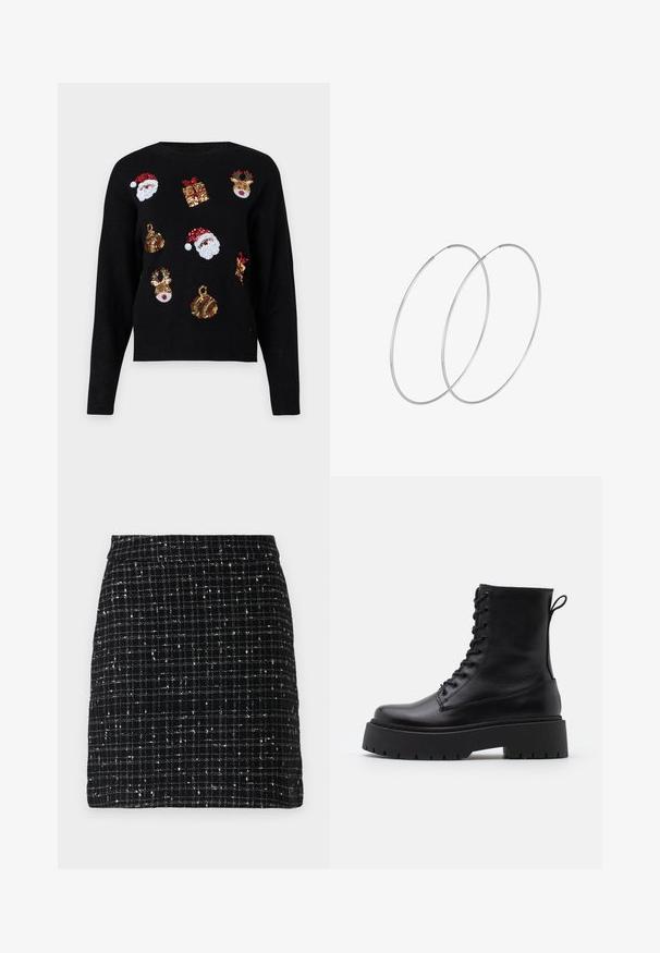 Črna pulover s dolgimi rokavi, ki ima praznične vzorce: obraze Svetega Miklavža, škatle za darila in okraske v rdečih, zelenih, zlatih in belih bleščicah.; Črna tweed mini krila s karo vzorcem, ki je sestavljena iz belih niti, prepletenih skupaj, s ravnim krojem in brez vidne opreme.; Črne usnjene gležnjarje z okroglo konico, vezalnim sprednjim delom in debelim gumijastim podplatom z teksturiranim profilom. Zanka na hrbtni strani.; Srebrne uhane v obliki obroča z minimalističnim dizajnom. Krožna oblika, gladka tekstura in tanek profil. Lahki s poliranim zaključkom.