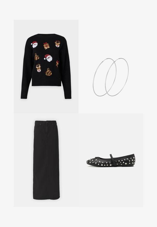 Črna pulover s dolgimi rokavi, ki ima praznične vzorce: obraze Svetega Miklavža, škatle za darila in okraske v rdečih, zelenih, zlatih in belih bleščicah.; Črna denim dolga krila z ravnim krojem, sprednjimi žepi, pasnimi zankami in enim gumbom za zapiranje v pasu. Gladka tekstura tkanine.; Črne baletne scrapke iz usnja, okrašene s srebrnimi bleščečimi sprali. Vključujejo trak čez nart in zasnovo s zaobljenim prstom.; Srebrne uhane v obliki obroča z minimalističnim dizajnom. Krožna oblika, gladka tekstura in tanek profil. Lahki s poliranim zaključkom.