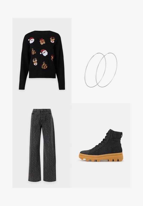 Zwarte trui met lange mouwen, versierd met feestelijke ontwerpen: Santa gezichten, cadeauboxen en versieringen in rode, groene, gouden en witte sequins.; Noisy May NMJANNEL LOOSE - Relaxed fit jeans - black denim; Zwarte denim hoge laarzen met een rubberen zool, voorzien van een textuur bovenwerk, een versterkte neus en een onderscheidend profiel op de zool.; Zilveren hoepel oorbellen met een minimalistisch ontwerp. Cirkelvormig, gladde textuur en dun profiel. Lichtgewicht met een gepolijste afwerking.