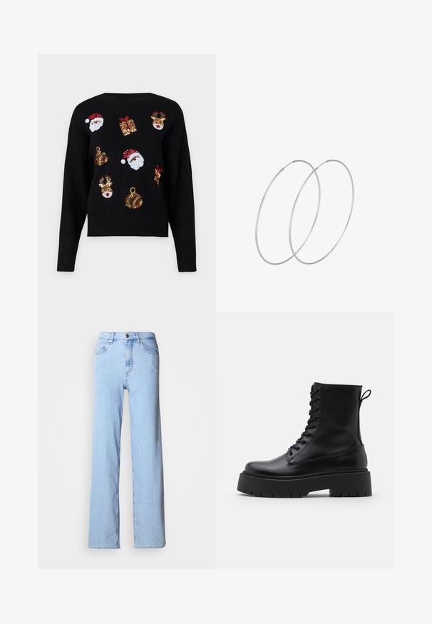Juodas megztinis su ilgomis rankovėmis, puošiamas šventiniais raštais: Kalėdų Senelio veidais, dovanų dėžutėmis ir ornamentais, pagamintais iš raudonų, žalių, auksinių ir baltų blizgučių.; Šviesiai mėlyni plačiakulkiai džinsai pagaminti iš denimo. Juos užsegate priekyje mygtuku, o turi penkias kišenes su siuvinėjimu aplink siūles.; Juodos odinės aulinukės su apvalia nosimi, raišteliais priekyje ir storesniu guminio pado apačioje su tekstūruotu raštu. Priekyje yra kilputė.; Sidabrinės pusmėnulio auskarai minimalistiniu dizainu. Apskritimo forma, lygus paviršius ir plonas profilis. Lengvi su poliruotu apdailu.
