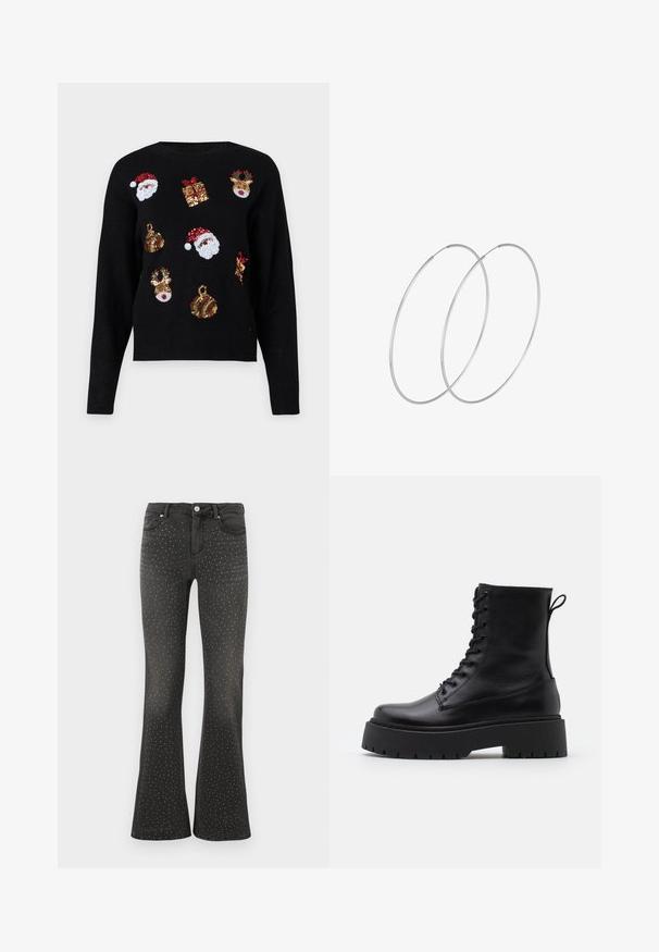 Suéter negro de manga larga con diseños festivos: caras de Santa, cajas de regalo y adornos en lentejuelas rojas, verdes, doradas y blancas.; Jeans acampanados negros de denim, con tachuelas blancas por toda la prenda. Cintura alta con estilo de cinco bolsillos estándar y cierre de cremallera.; Botas de cuero negras hasta el tobillo con punta redonda, cordones en la parte delantera y una suela de goma gruesa con un dibujo texturizado. Tirador en la parte trasera.; Pendientes de aro plateados con un diseño minimalista. Forma circular, textura suave y perfil delgado. Livianos con un acabado pulido.
