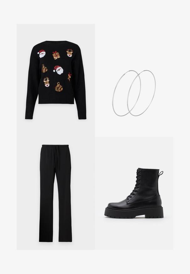Crna dukserica dugih rukava s blagdanskim motivima: lica Djeda Mraza, kutije s poklonima i ukrase u crvenim, zelenim, zlatnim i bijelim šljokicama.; Crne trenirke opuštenog kroja, izrađene od mekanog materijala, sa elastičnom pasicom i vezicom, bez vidljivih džepova.; Crne kožne gležnjače s okruglim vrhom, vezanjem sprijeda i debelim gumenim potplatom s teksturiranim uzorkom. Tipa: traka za vuču na stražnjoj strani.; Srebrne okrugle naušnice s minimalističkim dizajnom. Kružni oblik, glatka tekstura i tanak profil. Lagane s poliranim završetkom.