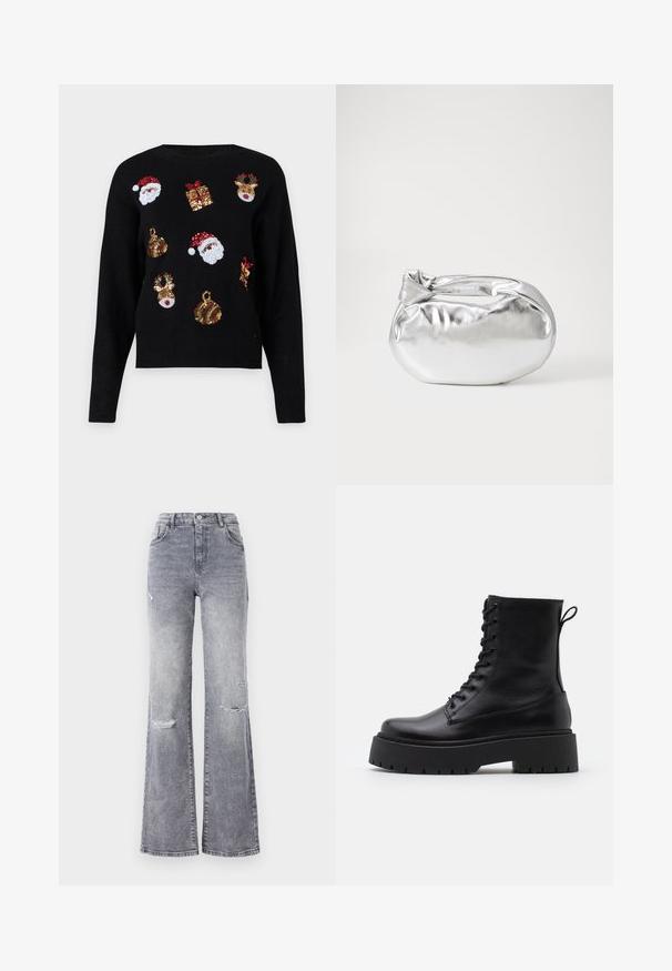 Svart tröja med långa ärmar med festliga designer: tomteansikten, presentlådor och ornament i röda, gröna, gyllene och vita paljetter.; Höga grå denimjeans med utsvängd ben, med slitna detaljer vid knäna, en klassisk fem-ficksdesign och tonal sömnad.; Svarta läderankelboots med rund tå, snörning framtill och en tjock gummisula med strukturerat mönster. Dragflik bak.; Silverfärgad metallisk påse med en mjuk, rundad form och en knutstängning upptill. Tillverkad av ett mjukt material i konstläder.; Silverfärgade hoopörhängen med en minimalistisk design. Cirkulär form, slät yta och tunn profil. Lätta med en polerad finish.