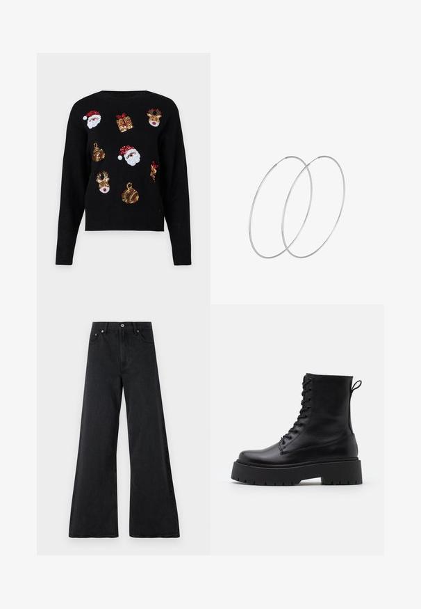 Čierny sveter s dlhými rukávmi s tematickými vzormi: tváre Santa Clausa, darčekové krabice a ozdoby pokryté červenými, zelenými, zlatými a bielymi flitrami.; Čierne široké denimové nohavice s textúrovaným povrchom, s gombíkovým zapínaním, pútkami na opasok a prednými vreckami. Hladký povrch s voľným strihom.; Čierne kožené členkové topánky s okrúhlou špičkou, šnurovaním vpredu a hrubou gumovou podrážkou s textúrovaným vzorom. Sťahovací pútko na zadnej strane.; Strieborné kruhové náušnice s minimalistickým dizajnom. Cirkulárny tvar, hladký povrch a tenký profil. Ľahké s lesklým povrchom.