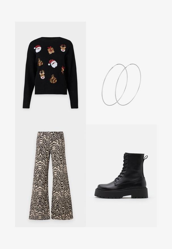 Čierny sveter s dlhými rukávmi s tematickými vzormi: tváre Santa Clausa, darčekové krabice a ozdoby pokryté červenými, zelenými, zlatými a bielymi flitrami.; Široké nohavice z látky s béžovým a čiernym zebrovým vzorom, s vysokým pásom a tradičným dizajnom s piatimi vreckami.; Čierne kožené členkové topánky s okrúhlou špičkou, šnurovaním vpredu a hrubou gumovou podrážkou s textúrovaným vzorom. Sťahovací pútko na zadnej strane.; Strieborné kruhové náušnice s minimalistickým dizajnom. Cirkulárny tvar, hladký povrch a tenký profil. Ľahké s lesklým povrchom.