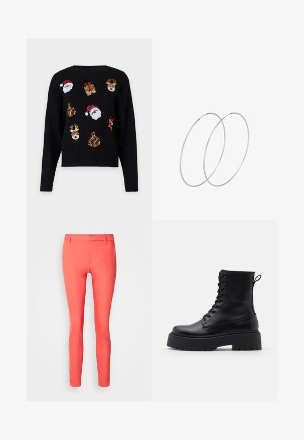 Crna dukserica dugih rukava s blagdanskim motivima: lica Djeda Mraza, kutije s poklonima i ukrase u crvenim, zelenim, zlatnim i bijelim šljokicama.; Koralske uske hlače od glatkog materijala, s munjevitim zatvaranjem, petljama za remen i elegantnim dizajnom bez džepova.; Crne kožne gležnjače s okruglim vrhom, vezanjem sprijeda i debelim gumenim potplatom s teksturiranim uzorkom. Tipa: traka za vuču na stražnjoj strani.; Srebrne okrugle naušnice s minimalističkim dizajnom. Kružni oblik, glatka tekstura i tanak profil. Lagane s poliranim završetkom.