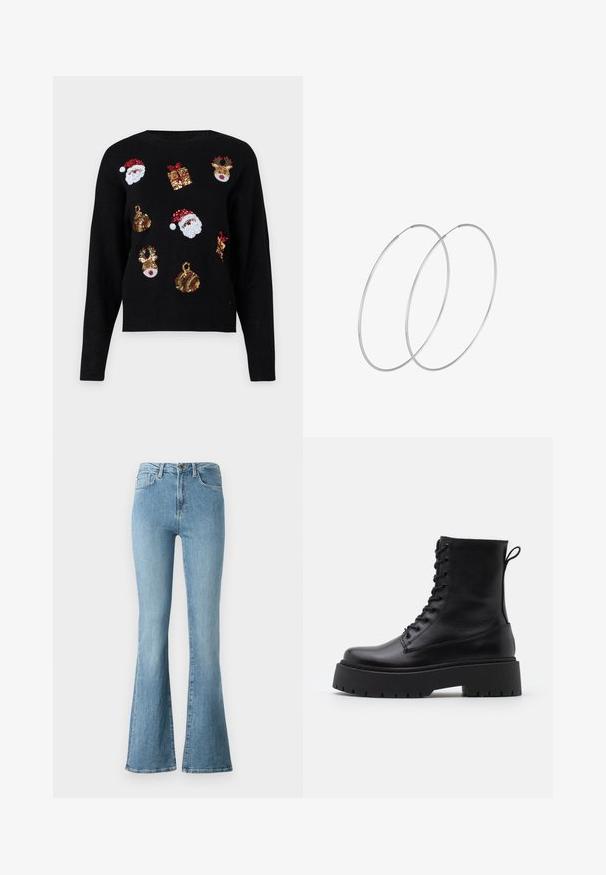 Suéter negro de manga larga con diseños festivos: caras de Santa, cajas de regalo y adornos en lentejuelas rojas, verdes, doradas y blancas.; Vaqueros de mezclilla azul claro con cintura alta y perneras acampanadas, que cuentan con bolsillos frontales y cierre de botón.; Botas de cuero negras hasta el tobillo con punta redonda, cordones en la parte delantera y una suela de goma gruesa con un dibujo texturizado. Tirador en la parte trasera.; Pendientes de aro plateados con un diseño minimalista. Forma circular, textura suave y perfil delgado. Livianos con un acabado pulido.