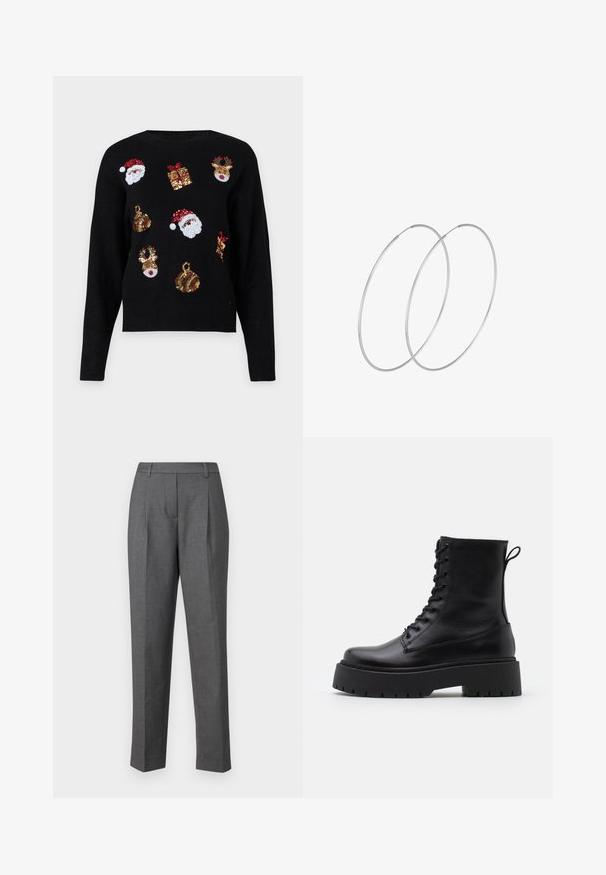 Suéter negro de manga larga con diseños festivos: caras de Santa, cajas de regalo y adornos en lentejuelas rojas, verdes, doradas y blancas.; Pantalones grises a medida con una textura suave, diseño de pierna recta y pliegues frontales. Fabricados con una tela ligera y con un patrón sutil.; Botas de cuero negras hasta el tobillo con punta redonda, cordones en la parte delantera y una suela de goma gruesa con un dibujo texturizado. Tirador en la parte trasera.; Pendientes de aro plateados con un diseño minimalista. Forma circular, textura suave y perfil delgado. Livianos con un acabado pulido.