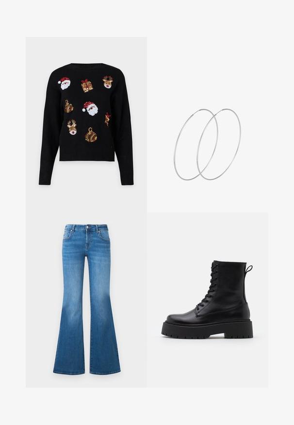 Must aga pikkade varrukatega, millel on pidulikke kujundusi: Jõuluvana näod, kingikarbid ja kaunistused punastes, roheline, kuldsetes ja valgetes sädelustes.; Laienevad sinised teksad keskmise kõrgusega vöökoht, viie taskuga ja tuhmumisega reieosadel. Hõbedased aksessuaarid nuppudel.; Mustad mustad nahast pahkluu saapad ümarate varvastega, nööridega esiosas ja paksu kummist talla ning tekstuuritud mustriga. Tagumine tõmbeaas.; Hõbedased rõngastikkaehingad minimalistlikus disainis. Ümar kuju, sile tekstuur ja õhuke profiil. Kerged ning poleeritud viimistlusega.