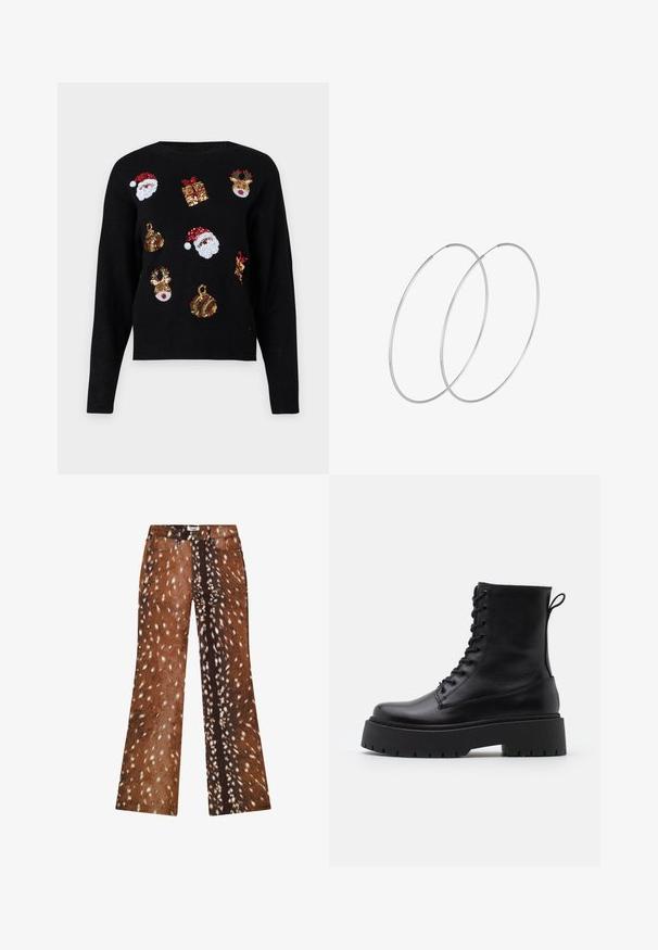 Melna džemperis ar garajām piedurknēm, kas rotāts ar svētku dizainu: Ziemassvētku vecīša sejas, dāvanas un ornaments, kas izšūti ar sarkaniem, zaļiem, zeltainiem un baltiem sekunām.; Brūnas zvana bikses ar plankumainu dzīvnieku kažokādas rakstu, kas ietver gaišas un tumšas brūnas nokrāsas, ar gludu tekstūru un džinsa audumu.; Melni ādas potītēm zābaki ar apļveida purngalu, auklām priekšpusē un biezu gumijas zoli ar teksturētu protektoru. Velkšanas cilpa aizmugurē.; Sudraba gredzenveida auskari ar minimālistisku dizainu. Cirkulāra forma, gluda tekstūra un plāns profils. Vieglu svaru ar spīdīgu apdari.