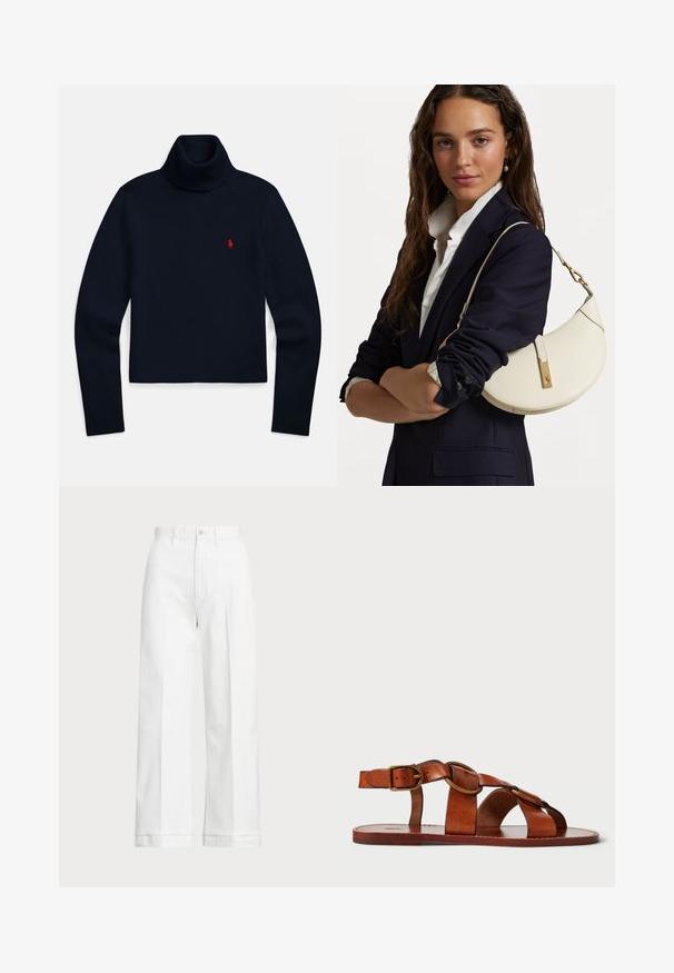 Tumesinine pika varrukaga kõrge kaelusega kampsun, millel vasakul rinnal on väike punane tikitud logo.; Valged laiad pükse kõrge vöökohaga, mis on varustatud nööpkinnipidamise ja peente õmblusdetailidega. Valmistatud puuvillast, millel on sile tekstuur.; Pruunist nahast sandaalid, horisontaalsete ja ringikujuliste rihmade disainiga, lame tald ning metallist kinnitusega, näidates siledat tekstuuri.; Valge nahast käekott kumerate kujunditega, kuldsete detailide ja tekstuuriga viimistlusega, kanda tumesinise bleiseri ja valge särgiga.