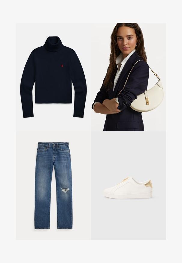 Pulover cu mâneci lungi și guler înalt de culoare bleumarin, cu un mic logo roșu brodat pe partea stângă a pieptului.; Jeans bleumarin din denim cu talie medie, cinci buzunare și o ruptură desfăcută la genunchiul drept.; Adidași slip-on albi, realizați din piele netedă, cu fermoar auriu și accent aproape de călcâi, având un finisaj texturat și logo embossat pe lateral.; Geantă din piele albă cu o formă curbată, dotată cu accente aurii și o finisare texturată, purtată peste un sacou închis la culoare și o cămașă albă.