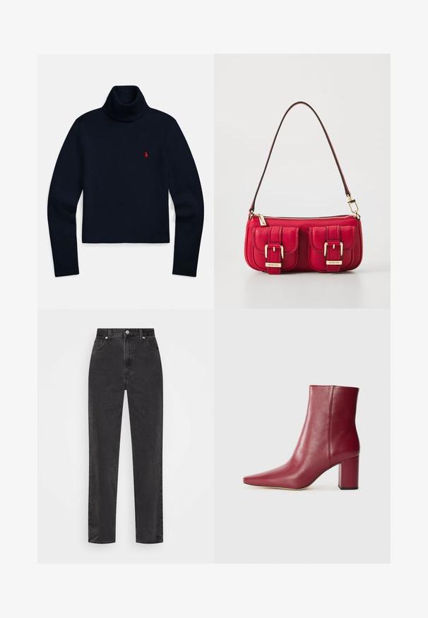 Camisola de gola alta de manga comprida em azul-marinho com um pequeno logótipo vermelho bordado no lado esquerdo do peito.; Jeans de ganga preta com pernas retas, cintura alta, com botão e fecho de correr à frente, e estilo de cinco bolsos, num fundo branco.; Bota de tornozelo em couro bordô com bico afiado, salto bloco e textura suave, apresentando um design sem emendas e sem hardware visível.; Bolsa de couro vermelho com dois bolsos frontais, detalhes em dourado e fecho em zíper. Apresenta uma alça curvada para o ombro e acabamento texturizado.