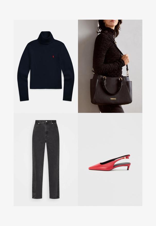 Pull à col roulé bleu marine à manches longues avec un petit logo brodé rouge sur le côté gauche de la poitrine.; Jeans en denim noir à jambe droite avec taille haute, bouton et fermeture éclair à l'avant, et style cinq poches sur fond blanc.; Escarpins à talon slingback en cuir rouge avec un bout pointu, featuring un petit talon et un accent de boucle sur la sangle. Texture lisse.; Sac à main noir avec surface texturée, deux poignées supérieures et bandoulière réglable. Doté de quincaillerie dorée et de poches latérales.