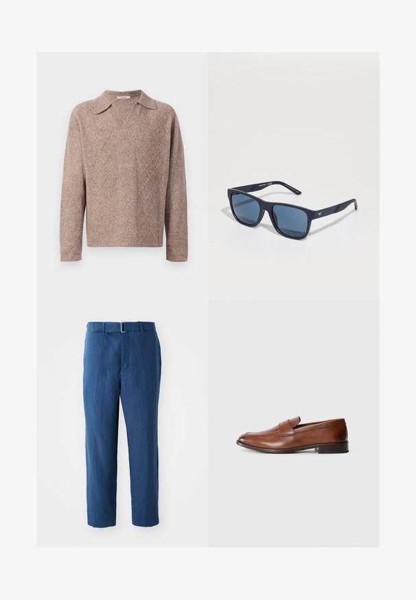 Rudas megztinis su V formos iškirpte ir smailu apykakle. Papuoštas rombų raštu, ilgomis rankovėmis, pagamintas iš švelnios, tekstūruotos medžiagos.; Tamsiai mėlynos, pritaikytos kelnės iš lengvos medžiagos. Pasižymi pritaikytu liemeniu su diržu ir tiesiu kirpimu, glotnus paviršius.; Rudos odinės loafer'iai su apvaliu pirštu, minimaliais siūlais ir žemu blokuotu kulnu. Yra dekoratyvi juosta ant vamp.; Mėlynos stačiakampės saulės akinių su tamsiais objektyvais, matinio jūros gylio rėmu, su logotipo detalėmis ant šventyklos, tiesiomis šakėmis ir vientisa, lygi tekstūra.