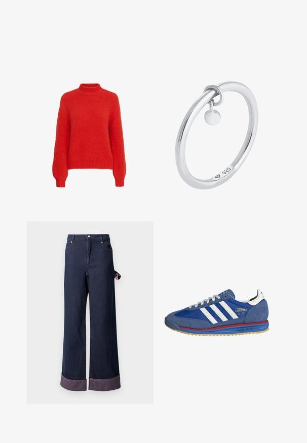 Sarkans, pūkains adīts džemperis ar augstu kaklu, garām piedurknēm un ribotām aprocēm. Mīksta tekstūra un brīvs piegriezums.; Platas kāju džinsu bikses tumši zilā kokvilnā ar sakoptu apmali, ar rozā akcenta birku sānos un klasisku piecu kabatu dizainu.; Zili zamšveida sporta apavi ar baltām svītrām, sarkaniem un zilajiem akcentiem, kā arī gumijas zoli. Iezīmējas ar teksturētu audumu un klasisku sporta dizainu.; Sterling sudraba gredzens ar gludu, noapaļu dizainu. Tam ir neliels medaljons, kas pievienots ar cilpu. Iekšpusē ir zīme "925".