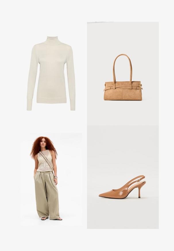 Lichtbeige coltrui gemaakt van ribgebreide stof, met lange mouwen en een getailleerd ontwerp met een subtiele glans.; Jonge vrouw met lang, krullend rood haar die een beige mouwloos gebreid topje, wijde kaki broeken, slippers, een crossbody tas en armbanden draagt.; Puntige slingback hak in een glad, glanzend beige materiaal. Bevat een gebogen uitsnijdontwerp en een slanke stiletto hak. Zilveren gesp detail.; Tan suède handtas met twee lange hengsels, rechthoekige vorm en decoratieve stiksels. Beschikt over een zijriem en subtiele gouden hardware accenten.