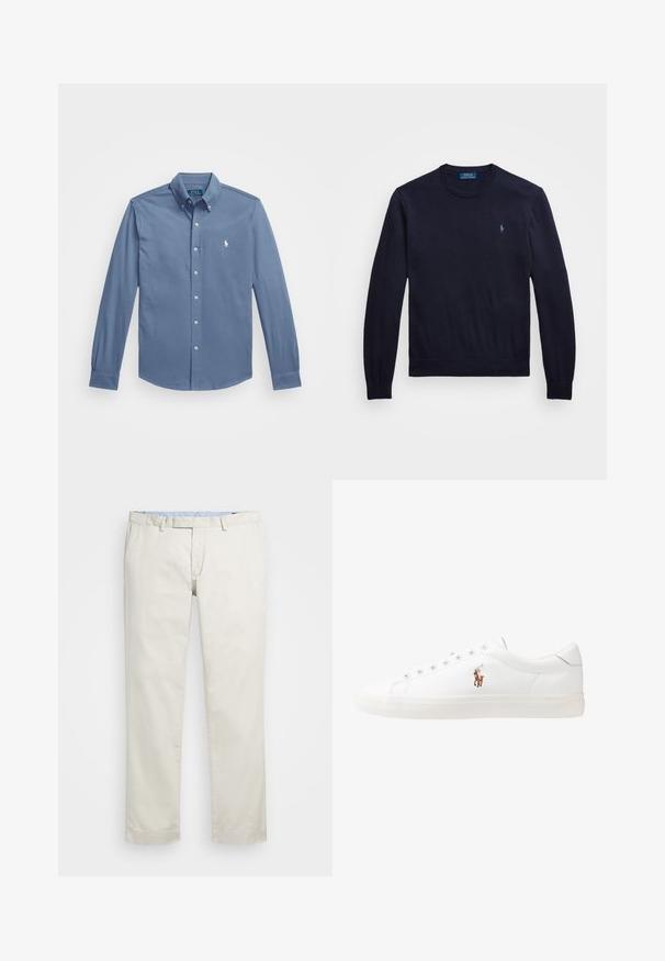Tamsiai mėlynas ilgomis rankovėmis megztinis, pagamintas iš minkšto trikotažo, su apvalia iškirpte ir maža siuvinėta logotipu ant kairiojo krūtinės.; Šviesiai mėlynas marškinėlių mygtukų užsegimas, pagamintas iš medvilnės, ilgomis rankovėmis su mygtukais, klasikinis apykaklė ir siuvinėtai logotipas ant krūtinės.; Šviesiai rudi medvilniniai chinos tipo kelnės su plokščiu priekiniu dizainu, diržo kilpomis ir šoninėmis kišenėmis. Tiesaus kirpimo dizainas su lygiu paviršiumi ir lengvu, kvėpuojančiu jausmu.; Baltos odinės sportbačiai, žemo profilio, su lygia tekstūra, apvalia nosimi, raištelių sistema priekyje ir mažyte siuvinėta logo šone.