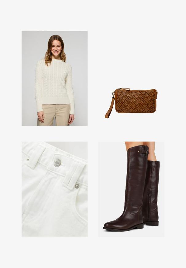 Cremefarvet kabelstrikket sweater med ribbet kant og manchetter. Blød tekstur, rund halsudskæring, prydet med et lille broderet logo på brystet.; Lyserød skjorte med lange ærmer, spidse kraver og et lille marineblåt logo på brystet. Fremstillet af bomuld med en glat tekstur.; Hvide denimshorts med en struktureret talje, sølvknapdetalje og tekstureret stof. Har forlommer og pæne syninger.; Brune læder knæhøje støvler med rund tå, side lynlås og en lille spænde detalje øverst, med en glat overflade.; Brun læder håndledsclutch med vævet tekstur, lynlås lukning og aftagelig rem på en hvid baggrund.