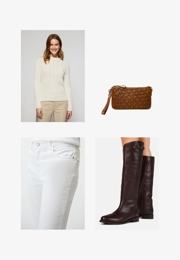 Maglione crema a trecce con orlo e polsini a coste. Tessuto morbido, scollatura rotonda, con un piccolo logo ricamato sul petto.; Camicia button-up rosa chiaro con maniche lunghe, colletto a punta e un piccolo logo blu navy sul petto. Realizzata in cotone con una texture liscia.; Jeans in denim bianco con una texture liscia, dotati di tasca frontale, chiusura con bottone in argento e dettagli di cucitura laterale.; Stivali alti in pelle marrone, con punta tonda, zip laterale e un piccolo dettaglio con fibbia in cima, caratterizzati da una texture liscia.; Clutch da polso in pelle marrone con texture intrecciata, chiusura con zip e tracolla staccabile su sfondo bianco.