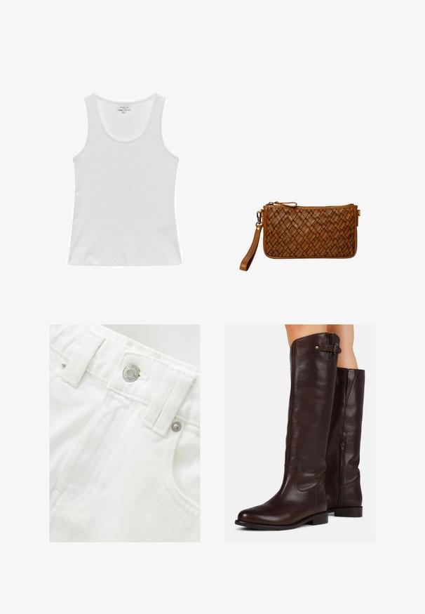 Kremowy sweter w splot warkoczowy z ribbowanym dołem i mankietami. Miękka faktura, okrągły dekolt, z małym haftowanym logo na piersi.; Biały bawełniany top na ramiączkach z okrągłym dekoltem, prążkowaną teksturą i bez rękawów. Prosta i dopasowana sylwetka, idealna do łatwego warstwowania.; Białe szorty dżinsowe z ustrukturyzowanym pasem, detalem z srebrnym guzikiem i teksturowanym materiałem. Posiadają przednie kieszenie i staranne przeszycia.; Brązowe skórzane kozaki do kolan z zaokrąglonym noskiem, bocznym zamkiem błyskawicznym i małym detalem w postaci klamry na górze, o gładkiej fakturze.; Brązowy skórzany portfel na nadgarstek z plecioną teksturą, zamek błyskawiczny i odpinany pasek na białym tle.